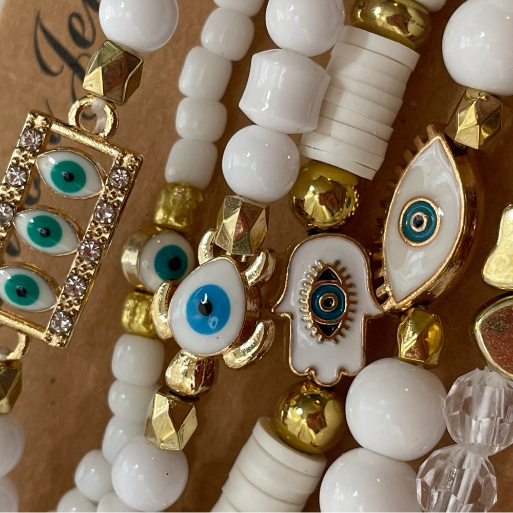Gold and White Evil Eye Bracelet Set 6 pcs New